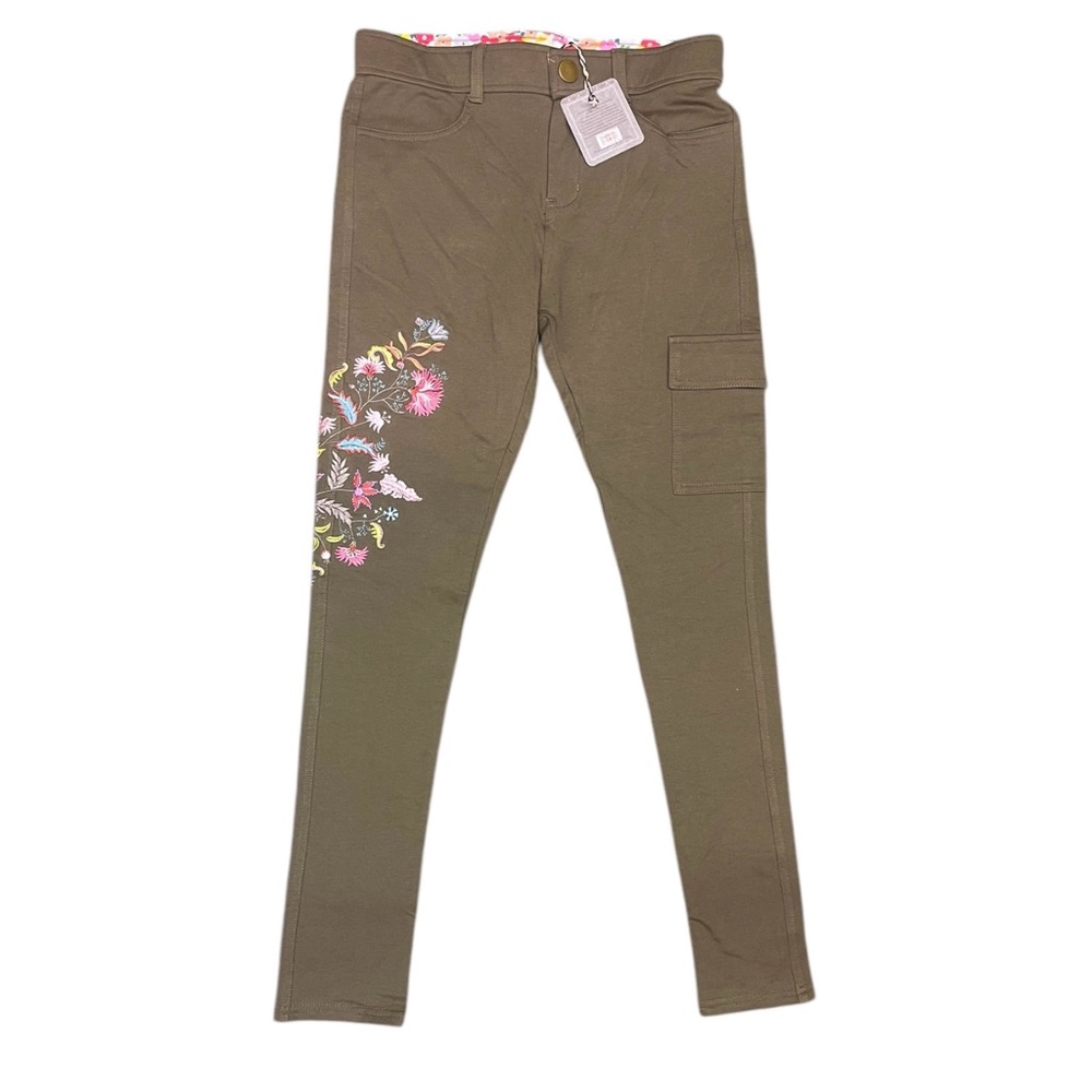 NWT Matilda Jane Floral Embroidered Olive Green Pants Skinny Stretch Womens